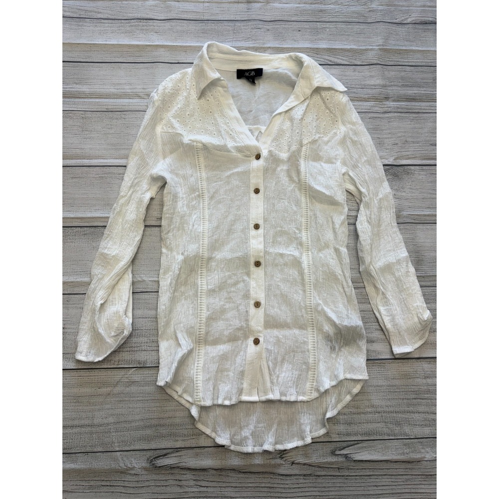 AGB White Eyelet Tunic Blouse Womens L Crinkle Boho High Low Hem Button Front